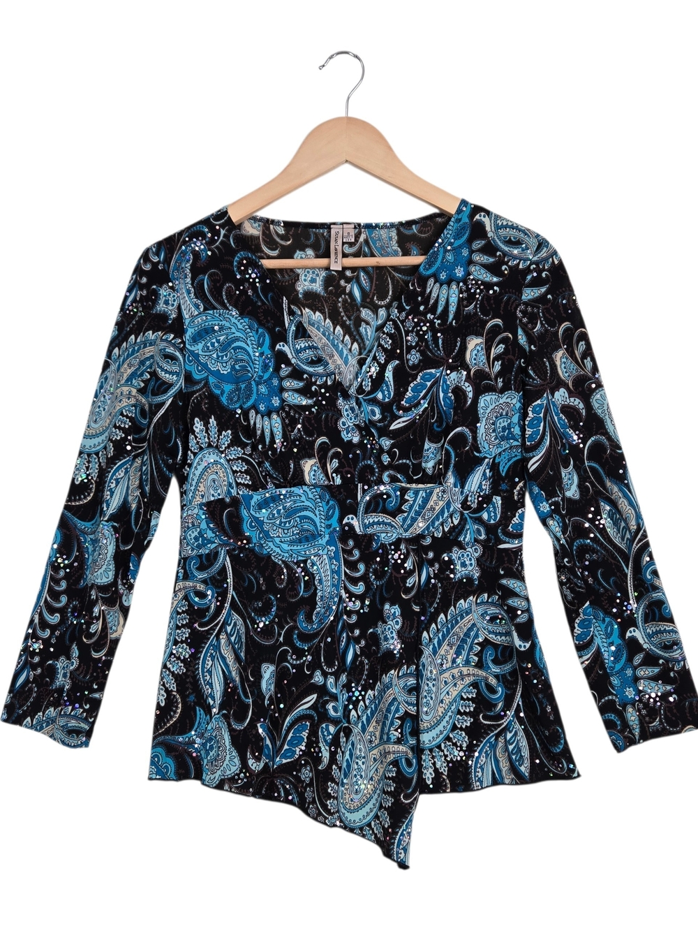 Y2K Vintage Susan Lawrence Paisley Faux Wrap Top S Black Blue Sparkle